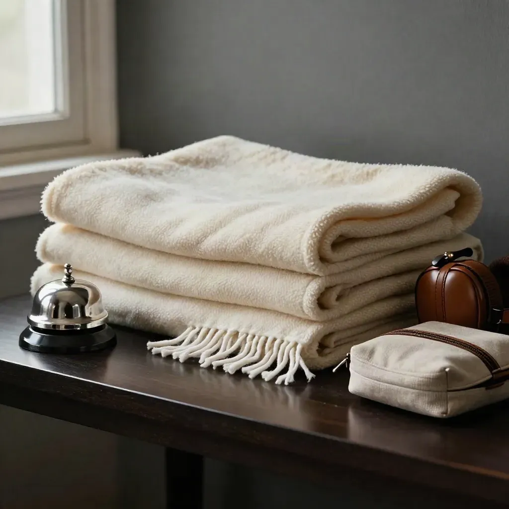 Cashmere blanket, service bell, headset case and amenity kit on a dark lacquer shelf.