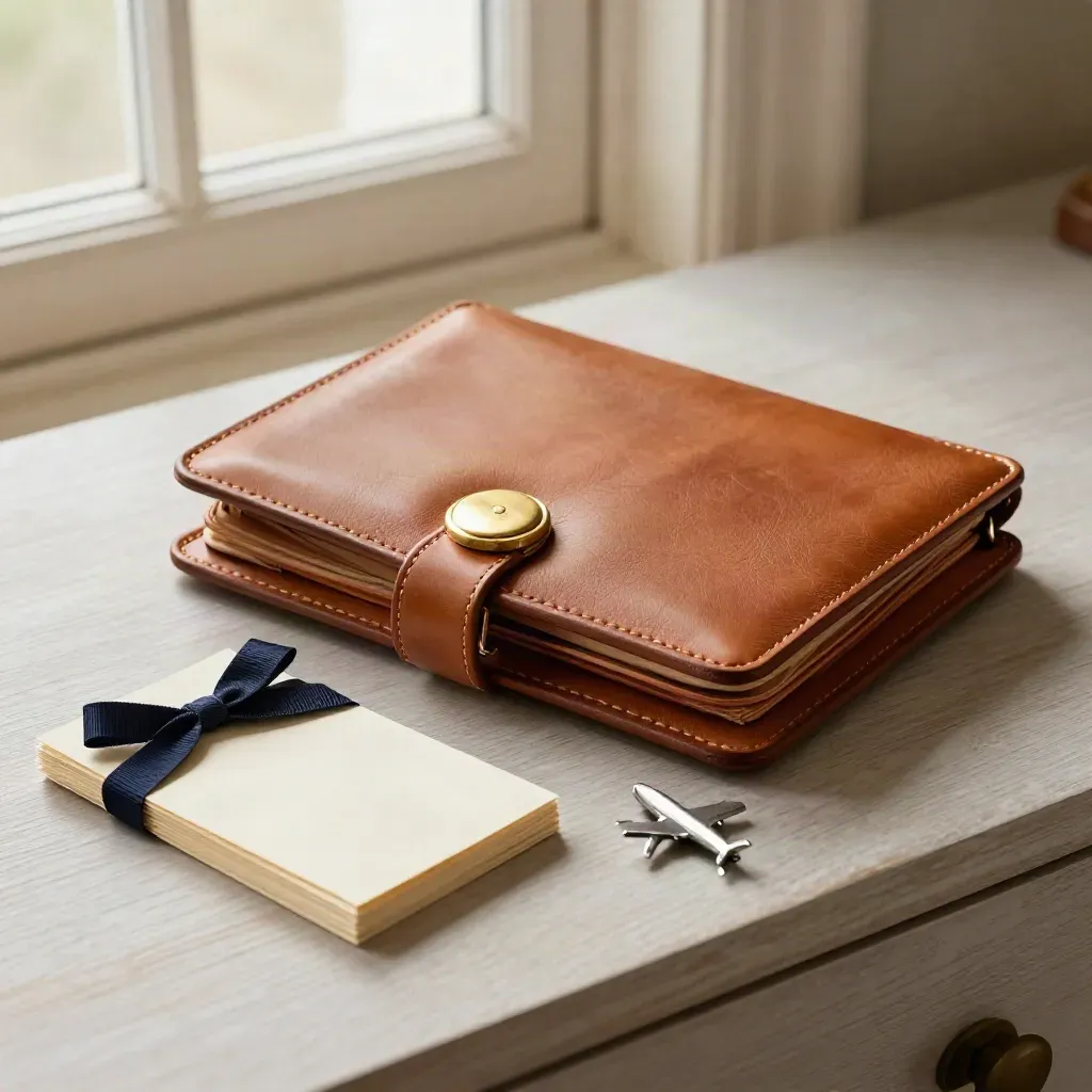 Leather itinerary case with ribbon-tied cards on pale wood, lit softly from the side.