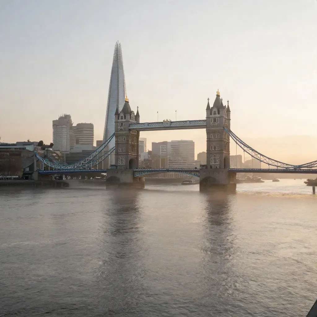 Misty winter sunrise over the Thames with Tower Bridge and the Shard above calm river haze.