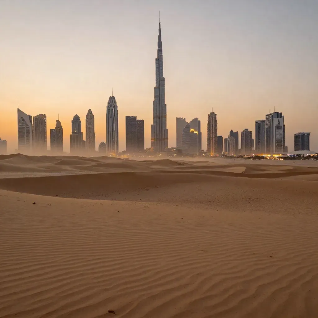 Dubai skyline above desert haze at sunset, with open sand foreground and glowing tower cluster.