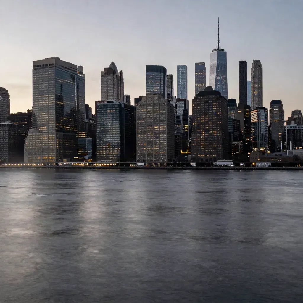 Manhattan skyline high above the Hudson at blue hour with calm misty water below