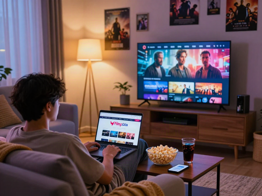 Young adult enjoying a movie night on Filmyzilla platform in a cozy living room.
