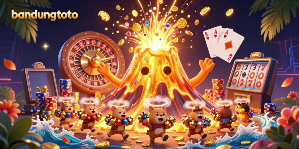 Experience the excitement of bandungtoto with a 3D volcanic eruption of coins and treasures in this vibrant casino scene.