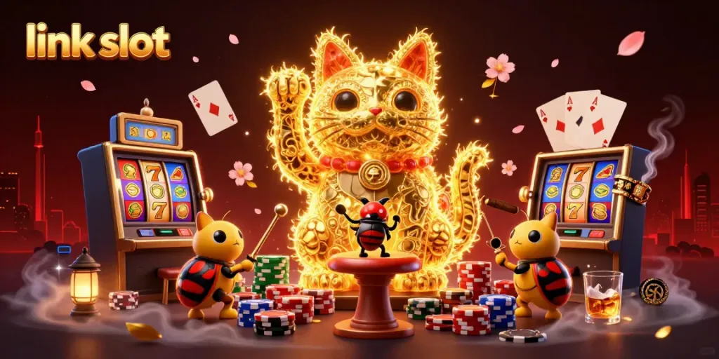 Experience the thrill of winning with the link slot lucky cat, surrounded by dynamic casino elements.
