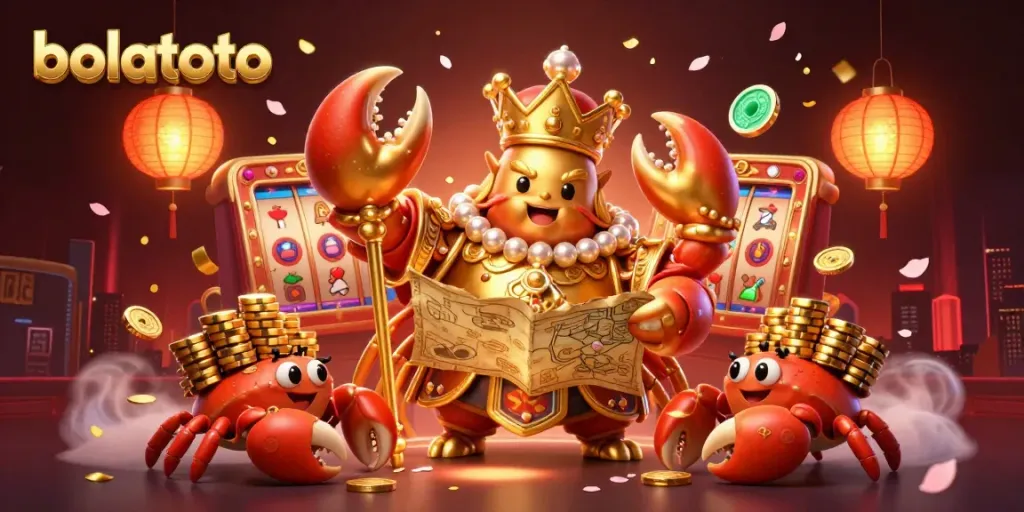 Spin to win with bolatoto's captivating golden crab emperor amidst vibrant casino elements