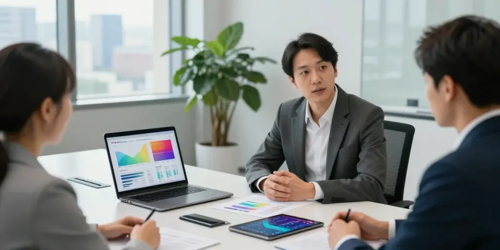Financial Planner in Sydney consulting clients in a modern office.