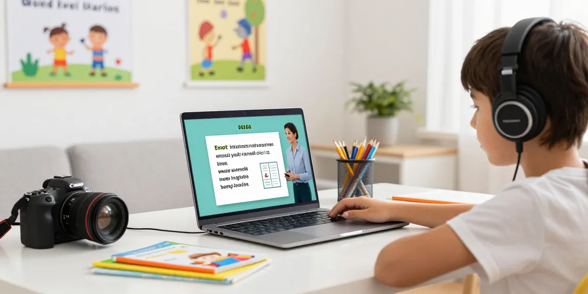 Engaging English online for kids lesson with tutor and colorful materials.