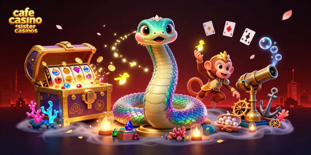 Experience the excitement of cafe casino sister casinos with vibrant characters and casino symbols.