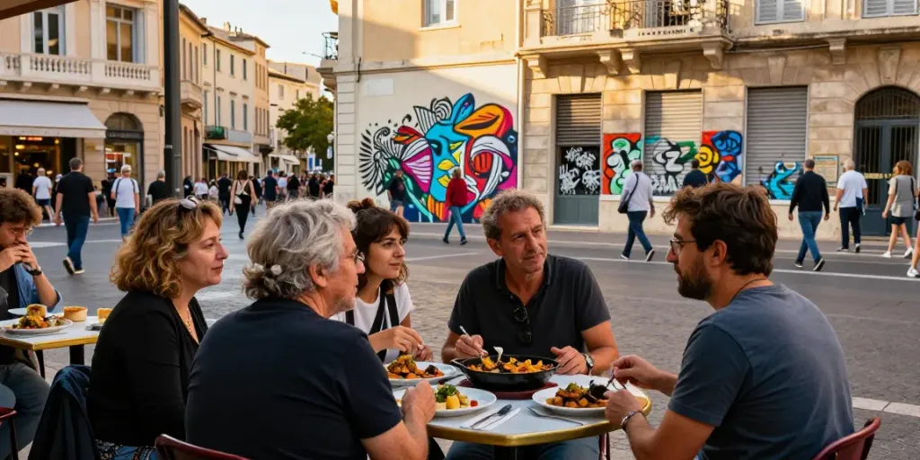 Kehidupan sosial di Marseille, https://marseillologie.net/2020/01/ menampilkan interaksi komunitas di kafe dengan seni jalanan kaya warna.