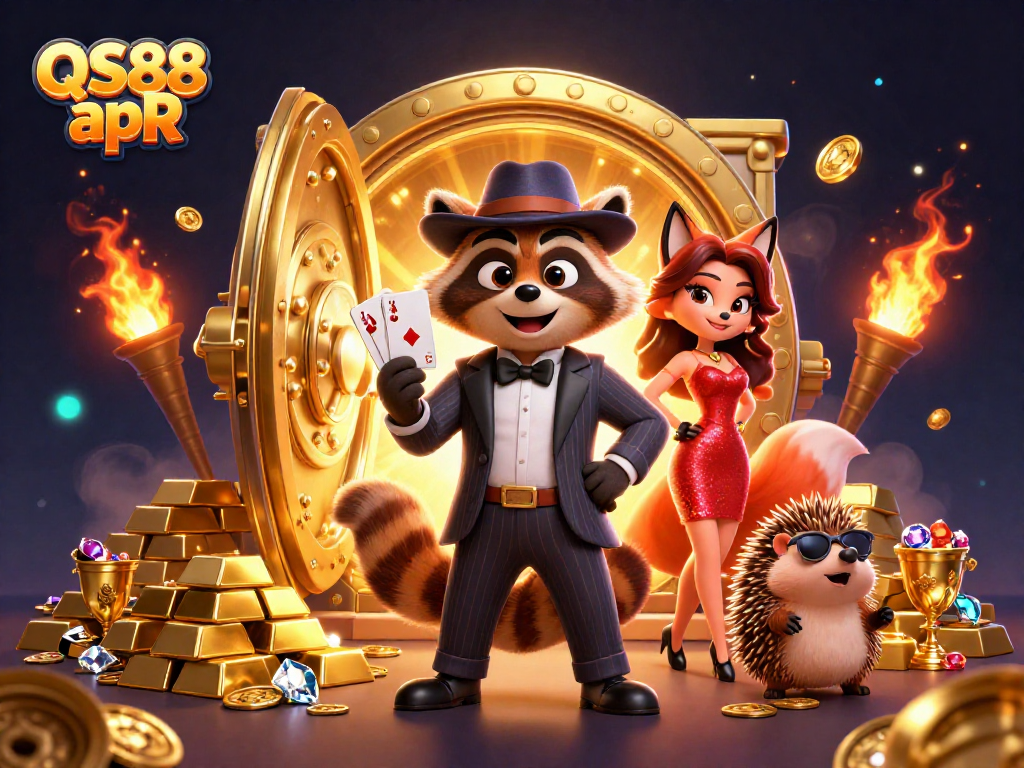Experience the excitement of QS88 apR with a dynamic casino scene featuring charming characters and treasures.
