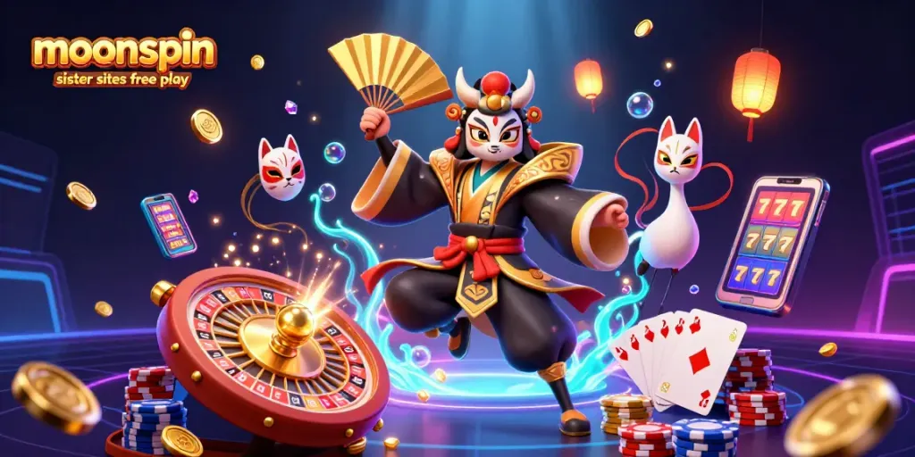 Engage in thrilling free play at moonspin casino sister sites featuring vibrant casino elements and characters.
