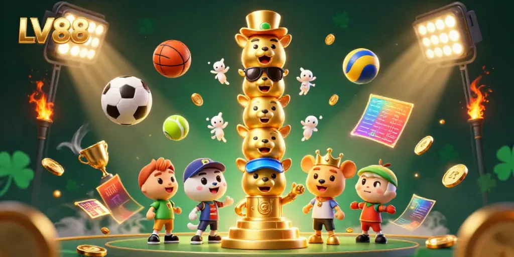 Experience thrilling betting action with LV88's vibrant 3D casino illustration showcasing dynamic game elements.