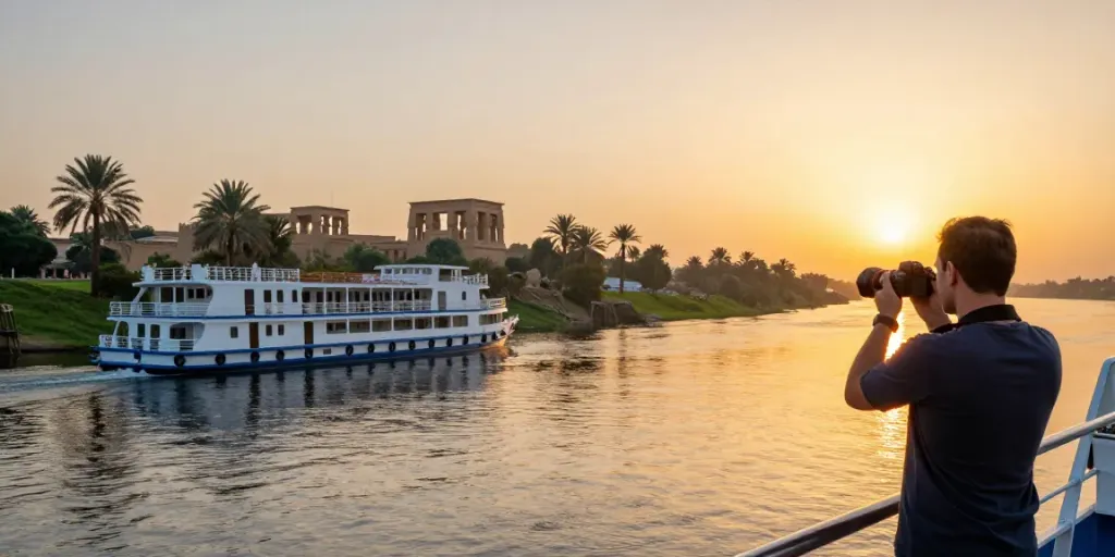 Nile River cruises with a luxury ship sailing at sunrise, capturing scenic landscapes and ancient temples.