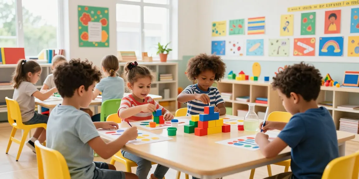children at an international kindergarten Singapore engaged in inquiry-based learning activities with vibrant classroom decor
