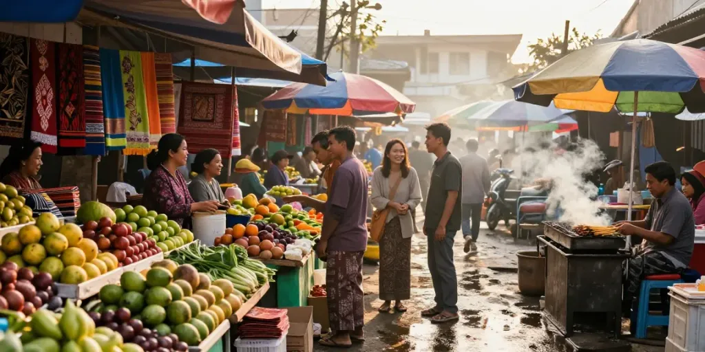 Pasar terbuka di Indonesia dengan aktivitas bukumimpi138, menjajakan sayuran dan kerajinan tangan.