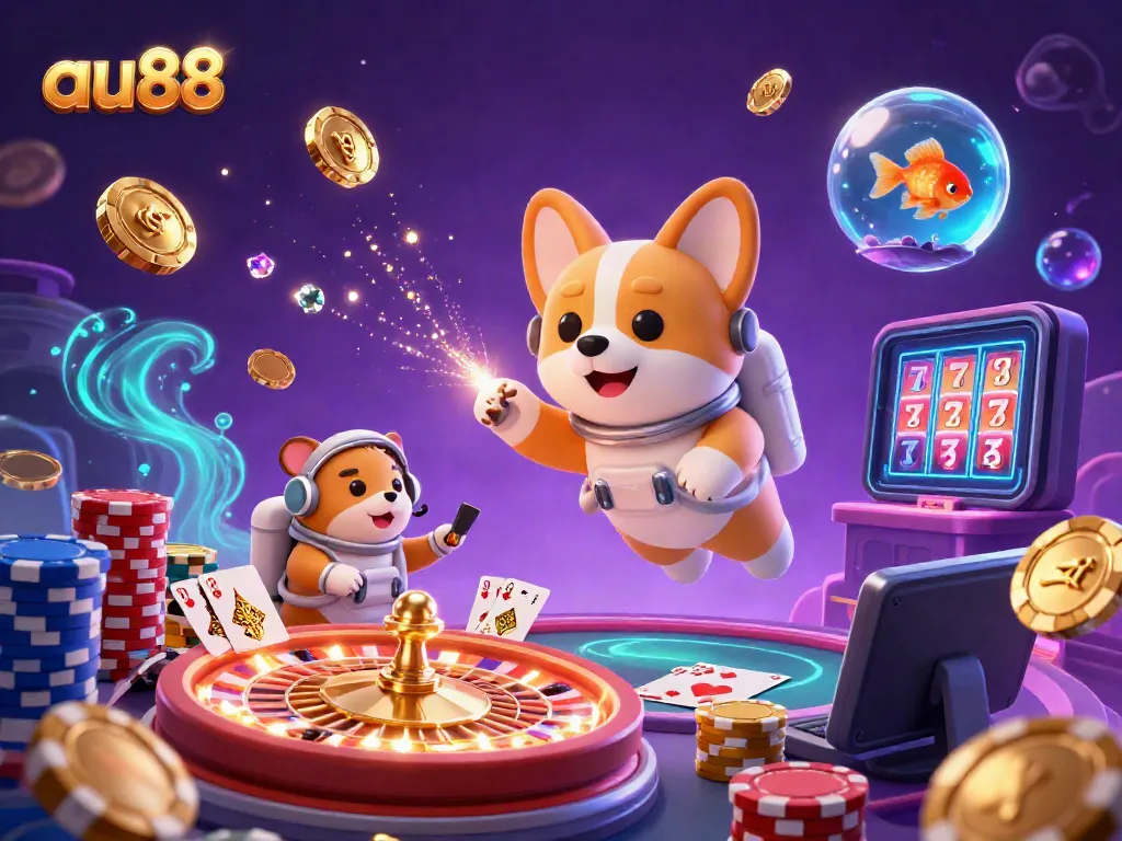Experience the thrill of gaming at au88 with a colorful space casino featuring an astronaut corgi and vibrant elements.