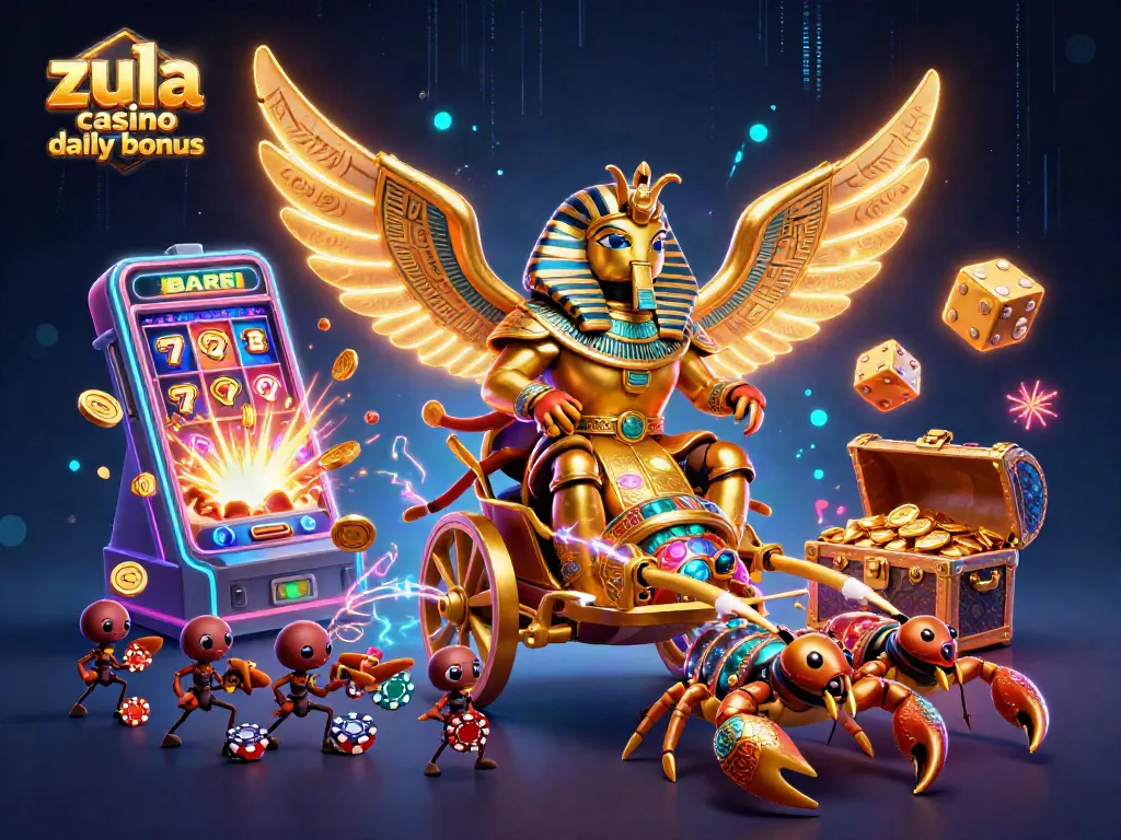 Claim the zula casino daily bonus with a vibrant scene featuring a golden scarab beetle and jackpot elements.