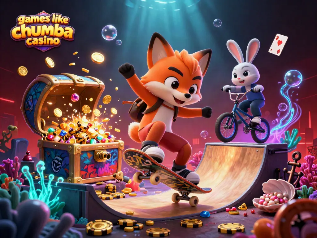Experience the thrill of games like Chumba Casino with vibrant 3D cartoon characters and dynamic casino elements.