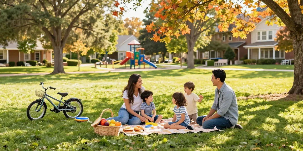 Best states to raise a family 2026, families enjoying outdoor activities in a sunny park.