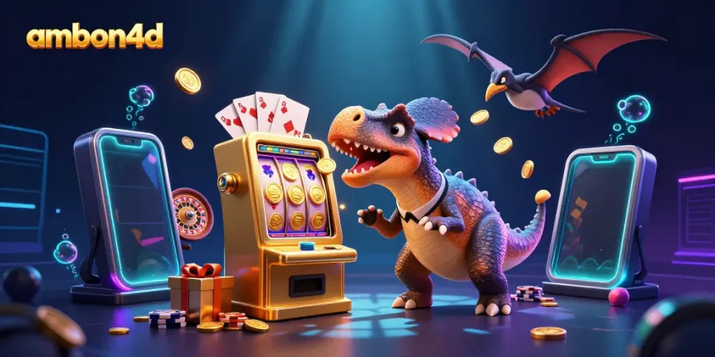 Experience ambon4d excitement with golden slot machine winnings in a vibrant casino scene.