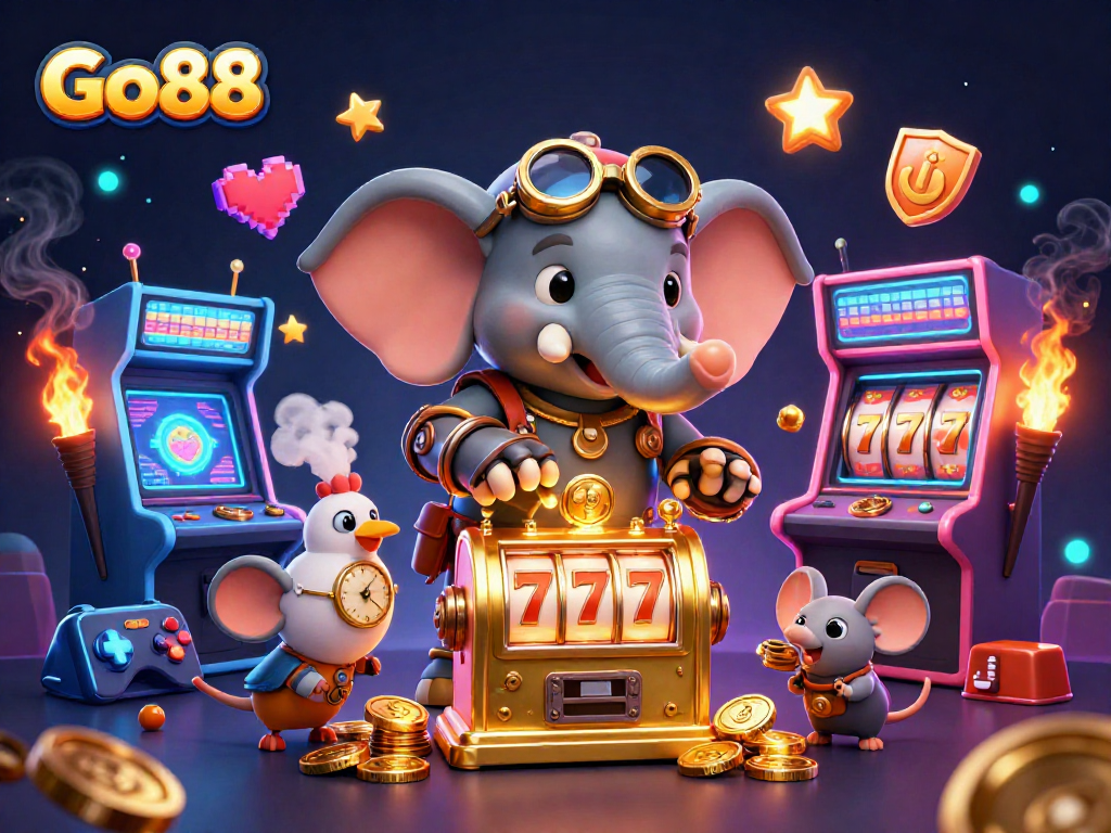 Engage with Go88's vibrant 3D steampunk casino scene illustrating slot machines and game elements.