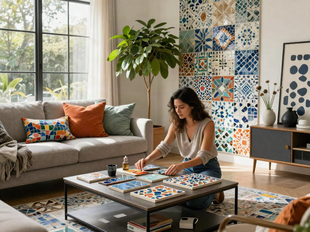 Mosaic tiles Sydney featured in a stylish living room with vibrant décor elements.