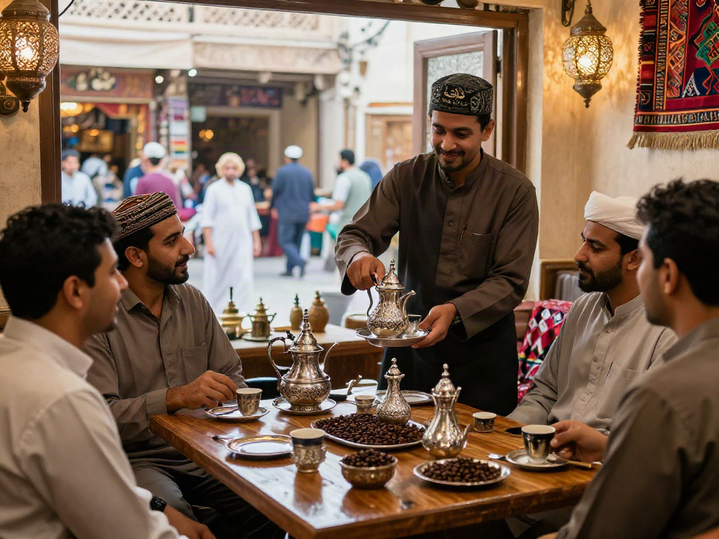 قهوة الریاض - مشهد يبرز التفاعل الاجتماعي في مقهى عربي تقليدي بالرياض.