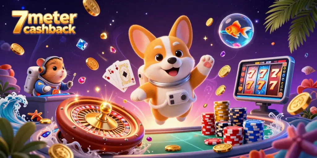 Play and win with 7meter cashback, featuring vibrant casino characters and excitement.