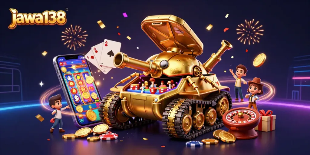 Experience excitement with jawa138’s vibrant cartoon casino scene featuring games and golden treasures.