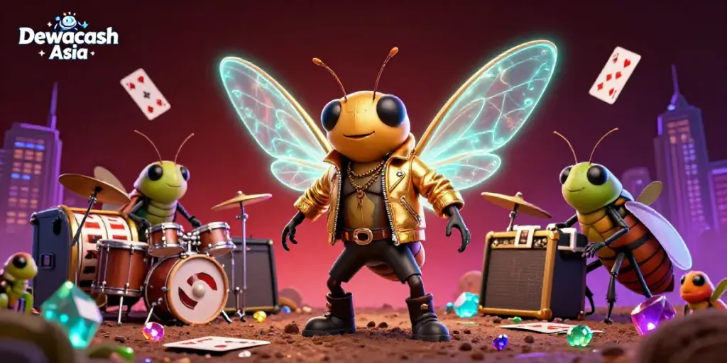 Dewacash Asia illuminates the casino scene with a rock star cicada and vibrant slots in a dynamic 3D illustration.