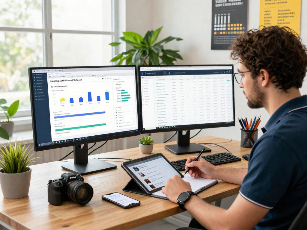 Purchase app installs while analyzing app performance metrics in modern office environment