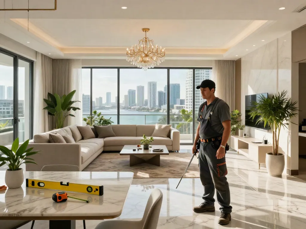 Home renovation Miami with elegant design elements and a contractor inspecting the interior.