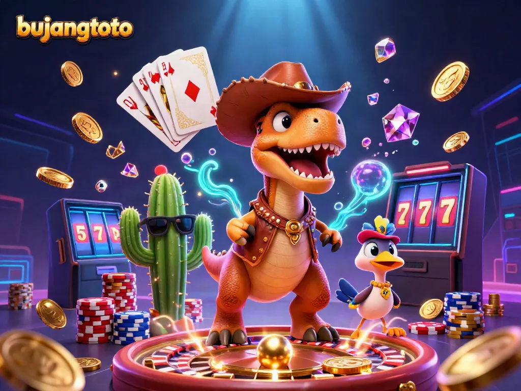 Experience the thrilling action of Bujangtoto with a vibrant 3D scene featuring gaming characters and casino elements.