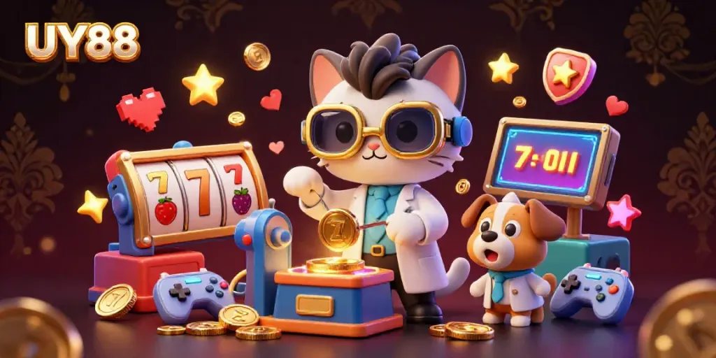 Engage with UY88 at a lively online casino featuring a mad scientist cat and assistant dog creating gold coins.