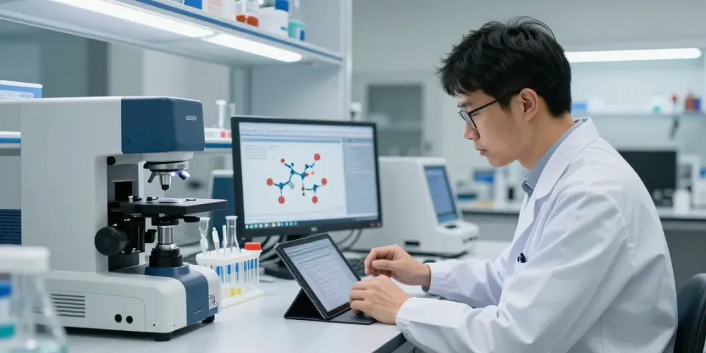 Researcher analyzing ara290 peptides in a modern lab, emphasizing quality.