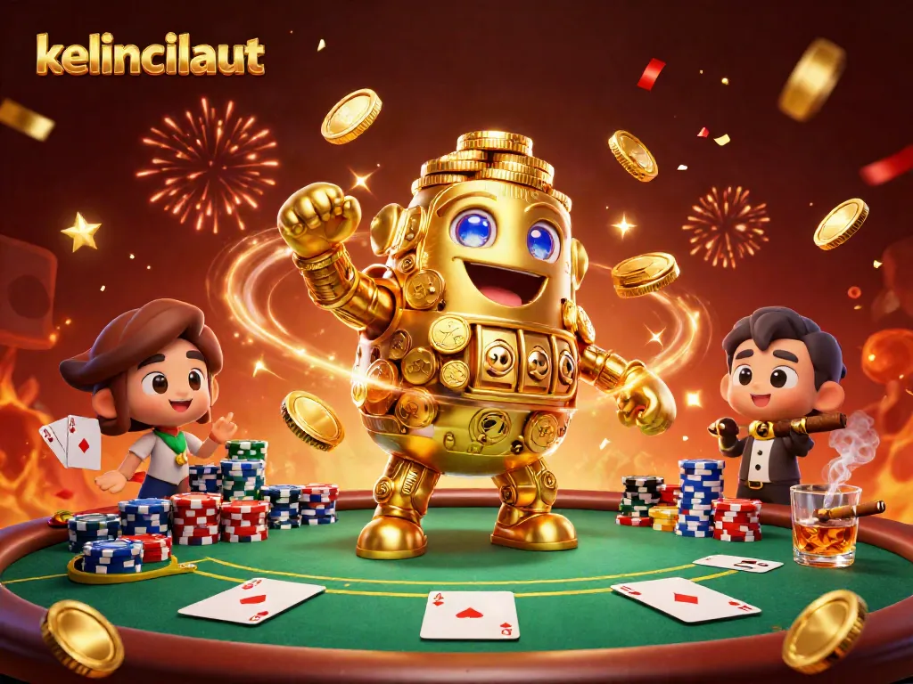 Engage in playful gambling at kelincilaut with golden golem surrounded by a vibrant poker scene.