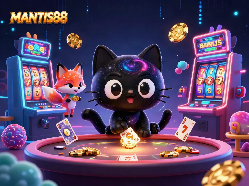 MANTIS88 gaming scene showcasing a black hole cat at a cosmic casino table drawing in chips and cards.