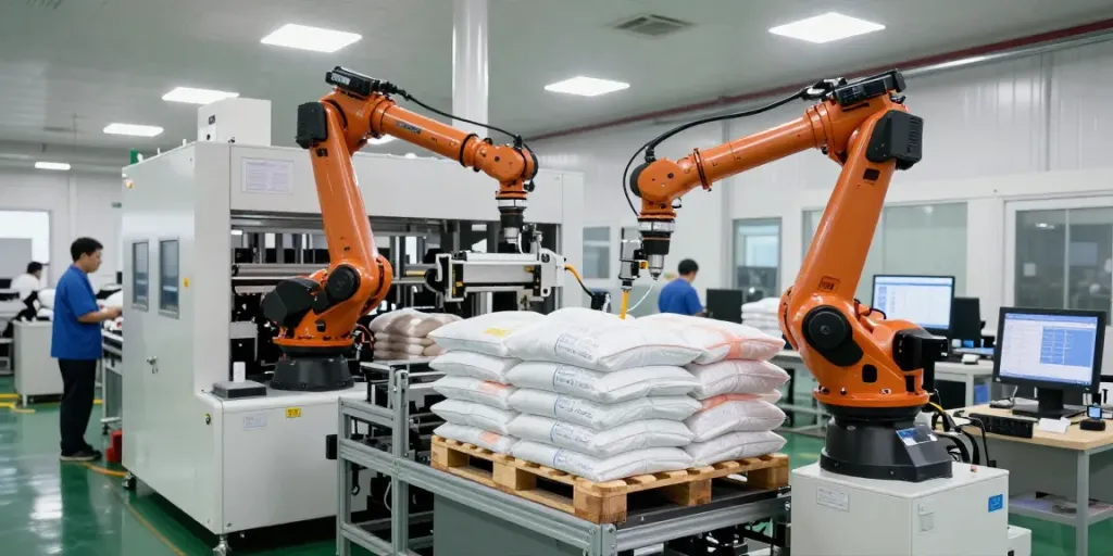 Automatic bag palletizer machine efficiently stacking bags in a modern factory.