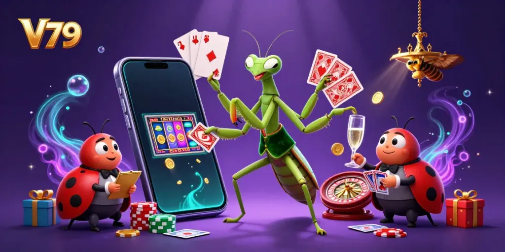 V79 features a giant praying mantis card sharp and ladybug pit boss amidst lively casino games.