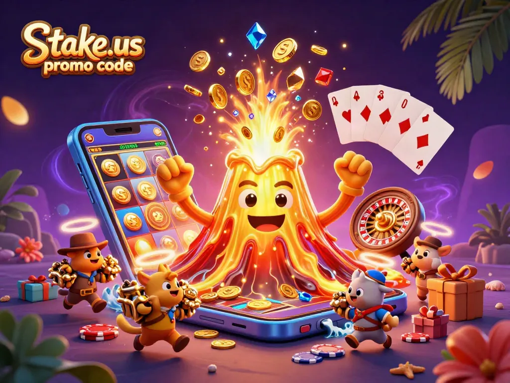 Win big with stake.us promo code in this vibrant casino-themed illustration.