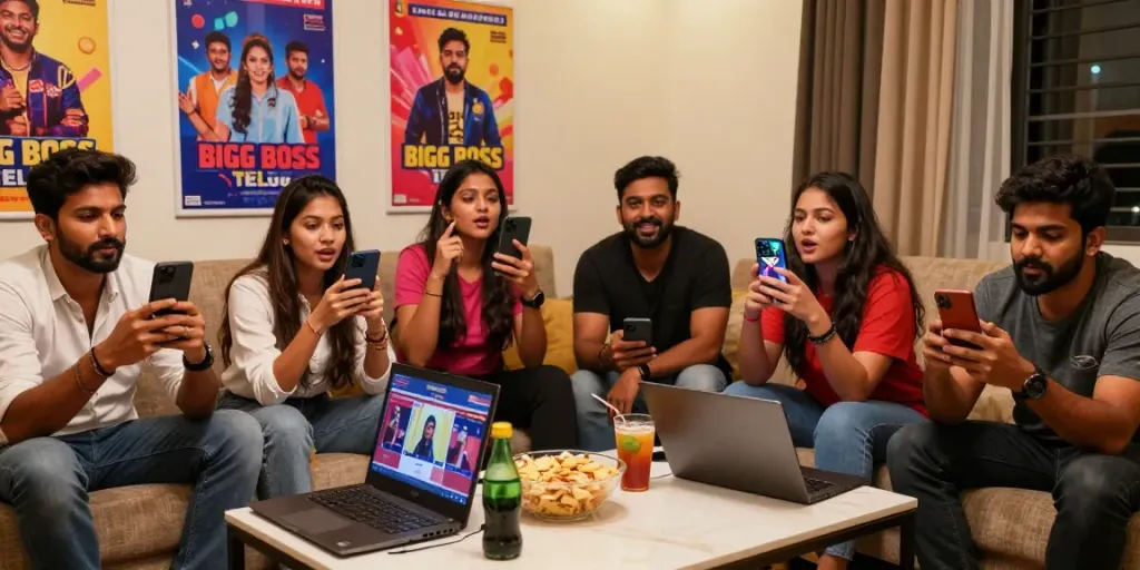 Bigg Boss Telugu voting today scene with fans actively casting votes for their favorite contestants in a lively atmosphere.