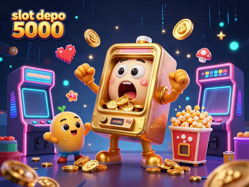 Experience the excitement of slot depo 5000 as golden slot machines celebrate big wins amidst colorful gaming chaos.