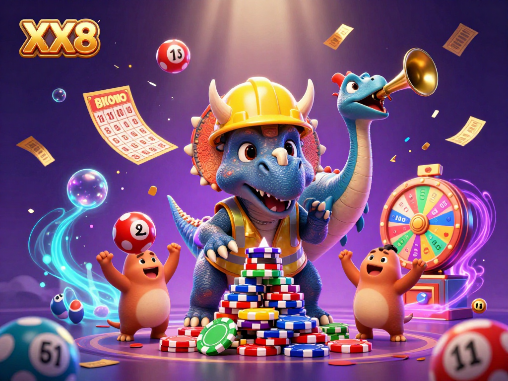 Experience the excitement of XX8 with jumping lottery balls and a dinosaur building poker chips.