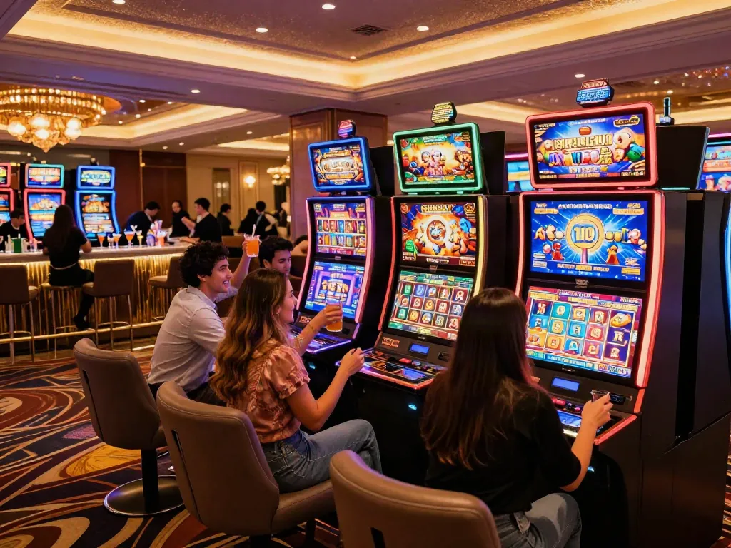 Vibrant casino scene with players engaging with colorful สล็อต machines, celebrating wins in a lively atmosphere.
