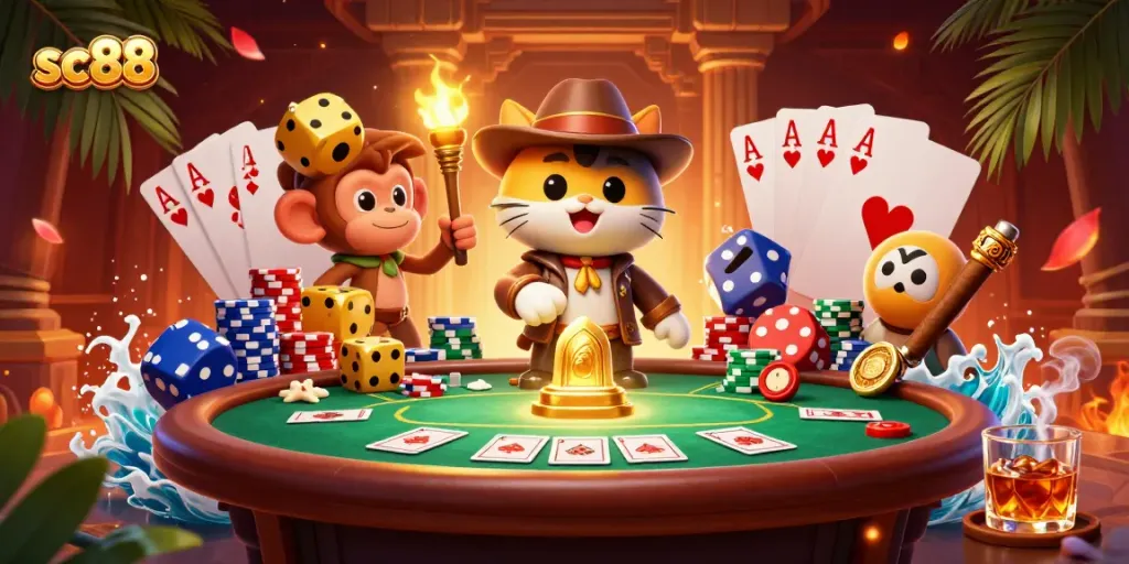 Engage with sc88 as the cartoon cat explores an ancient casino treasure in a vibrant temple scene.