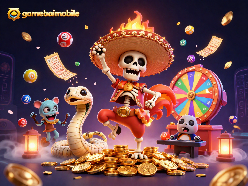 Engage with gamebaimobile's vibrant gaming scene, featuring animated characters celebrating amidst winning symbols.
