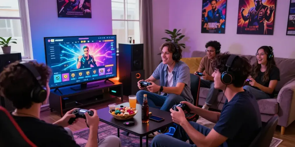 Players enjoying PG电子 games in a vibrant gaming setup with snacks and cozy atmosphere