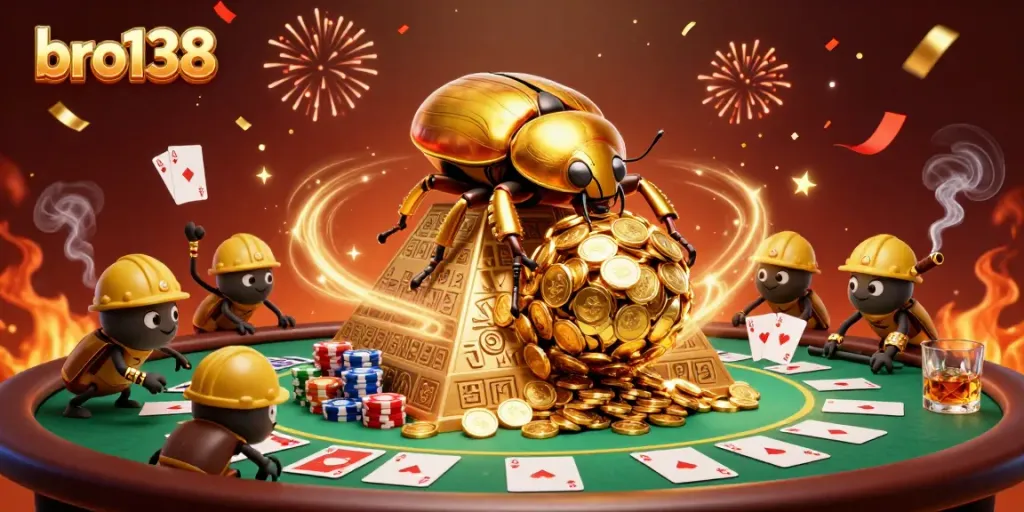 Experience the thrill of bro138 as golden beetles navigate casino treasures amidst vibrant celebrations.