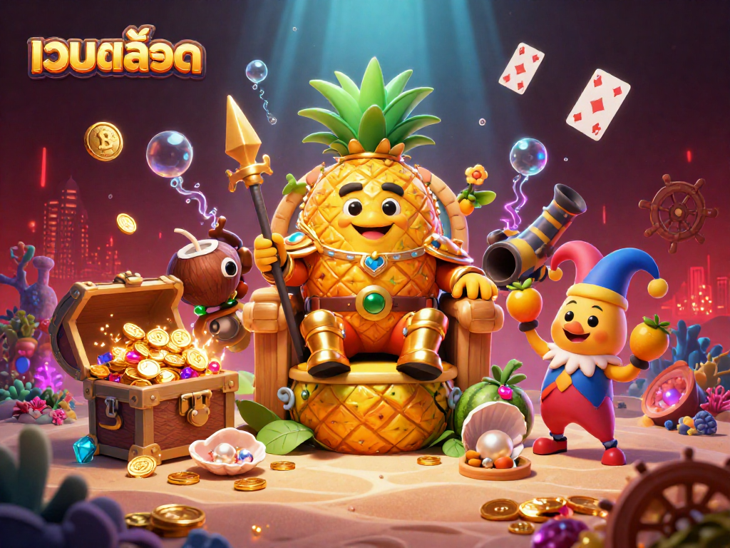 Engage with เว็บสล็อต through vibrant gameplay featuring a golden pineapple king and lively casino themes.