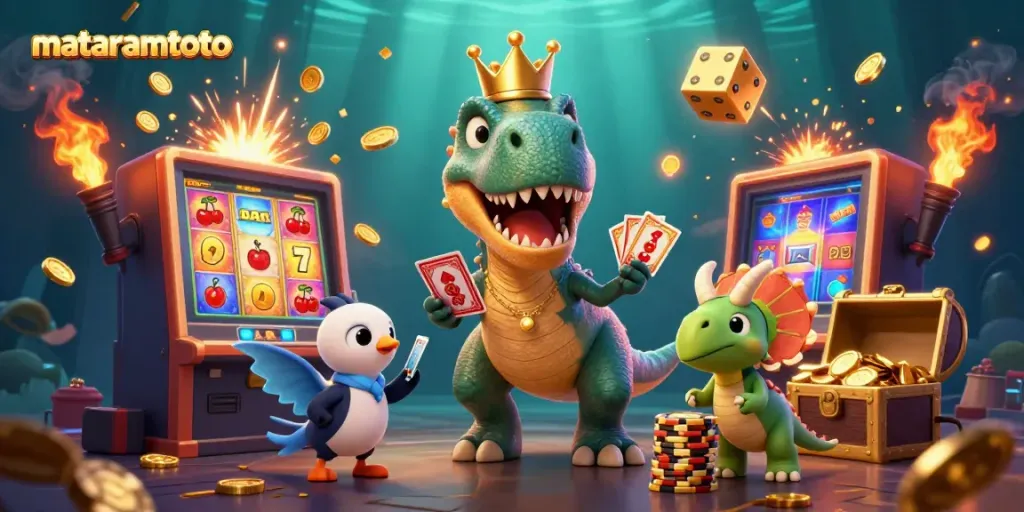 Experience the fun of mataramtoto as a playful T-Rex shuffles cards while treasures explode around